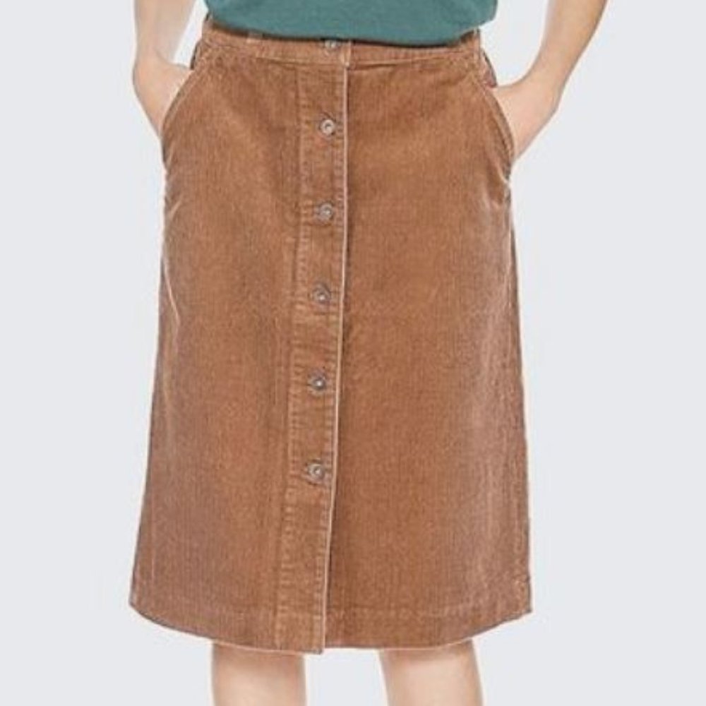 Uniqlo Brown Corduroy Midi Pencil Skirt Button-Front with Pockets EUC